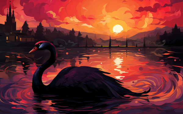 HD desktop wallpaper featuring a majestic black swan on a serene lake with a vibrant red sunset in the background, perfect for a scenic computer background.