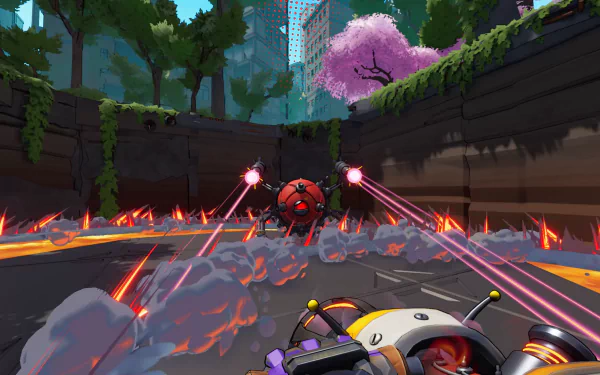 HD wallpaper featuring a Roboquest video game scene with a robot firing lasers in a vibrant, futuristic cityscape.