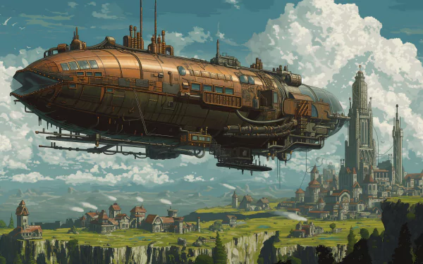 A stunning steampunk airship floats majestically above a quaint village, set against a dramatic sky, creating a captivating HD desktop wallpaper and background.