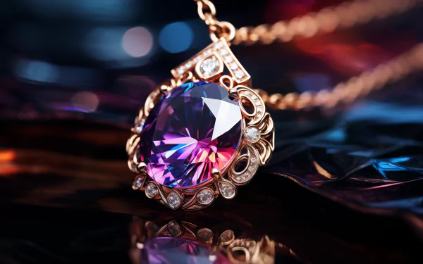 HD desktop wallpaper featuring a sparkling pendant with a large purple gemstone surrounded by smaller diamonds.