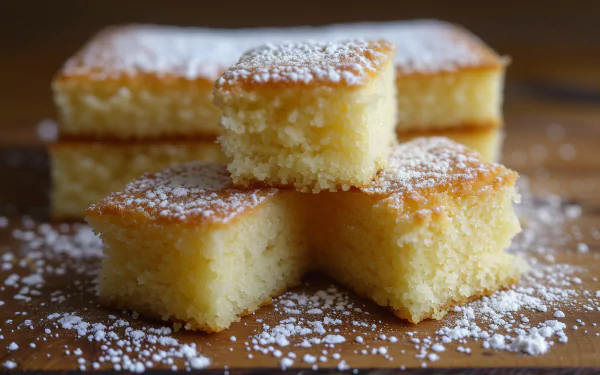 A close-up of golden cornbread squares dusted with powdered sugar on a wooden surface, serving as a vibrant HD desktop wallpaper and background.