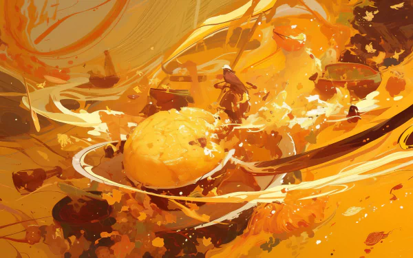 HD desktop wallpaper featuring an artistic rendition of cornbread amidst vibrant splashes of yellow and orange tones.