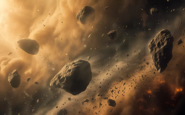 HD desktop wallpaper featuring a dynamic sci-fi depiction of asteroids floating through an asteroid belt with glowing celestial lights in the background.