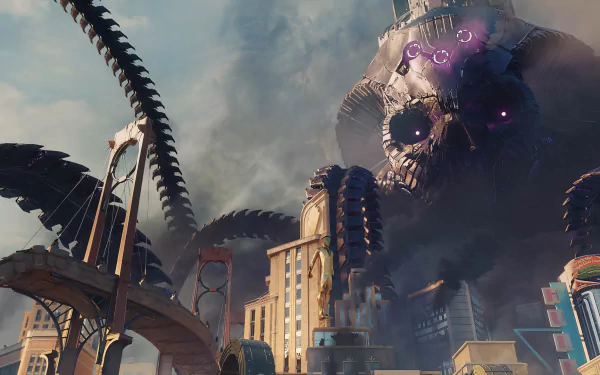 HD wallpaper featuring a scene from the video game Suicide Squad: Kill the Justice League with ominous clouds and a monstrous figure looming over a cityscape.