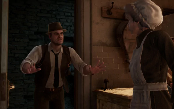 HD wallpaper featuring a cinematic scene from the video game Alone in the Dark (2024), depicting a male character in a fedora talking to a female character dressed as a maid.