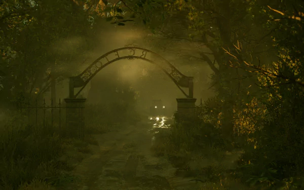 A mystical, foggy pathway leads through an overgrown archway, capturing the eerie atmosphere of Alone in the Dark (2024) in this HD desktop wallpaper.