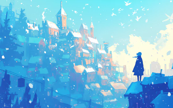 HD desktop wallpaper featuring an illustrated snowy city scene with a figure overlooking the wintry landscape