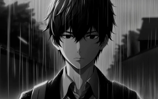  man in the rain in black and white