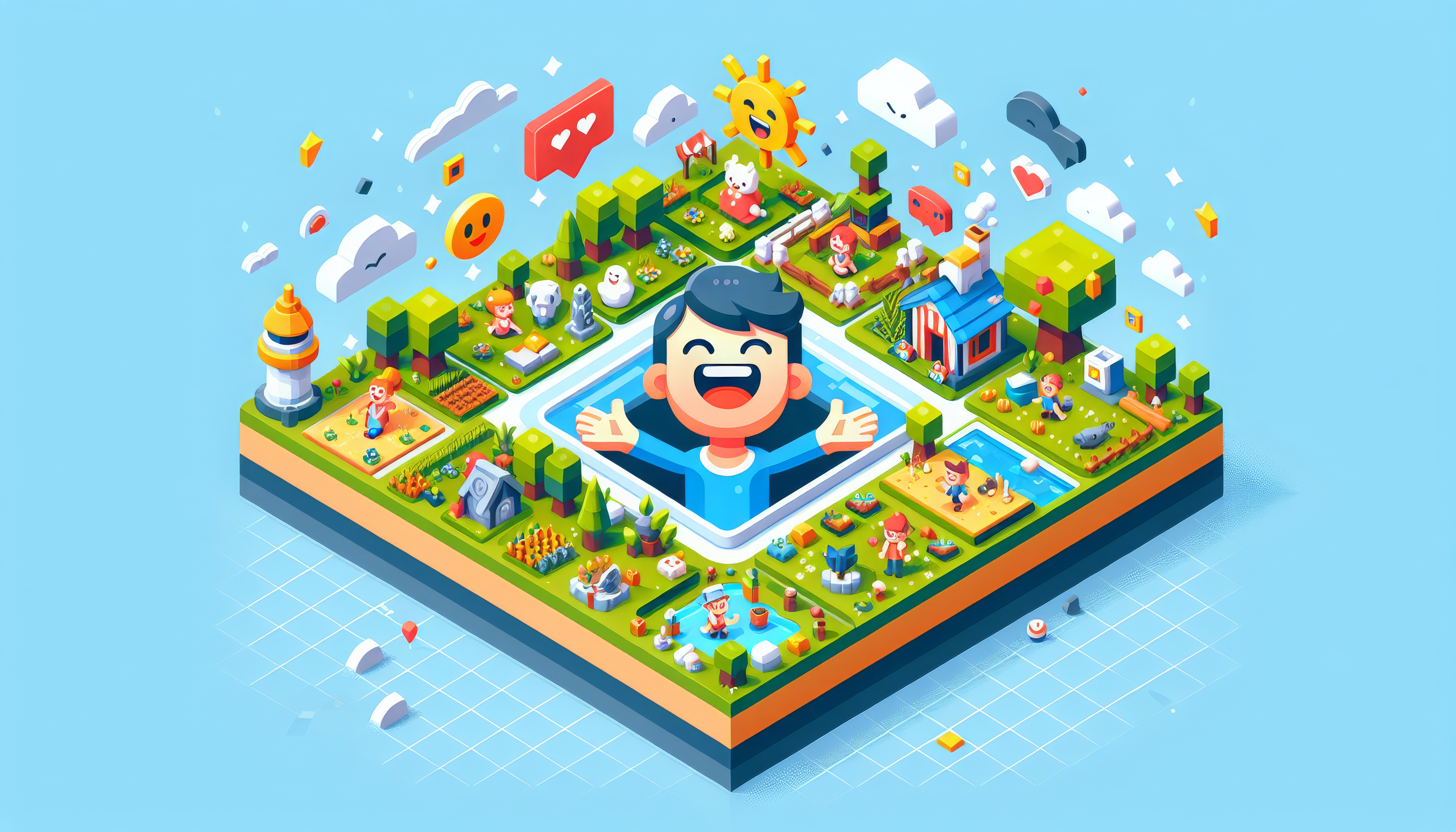 Happy animated character in a vibrant isometric city HD desktop wallpaper.