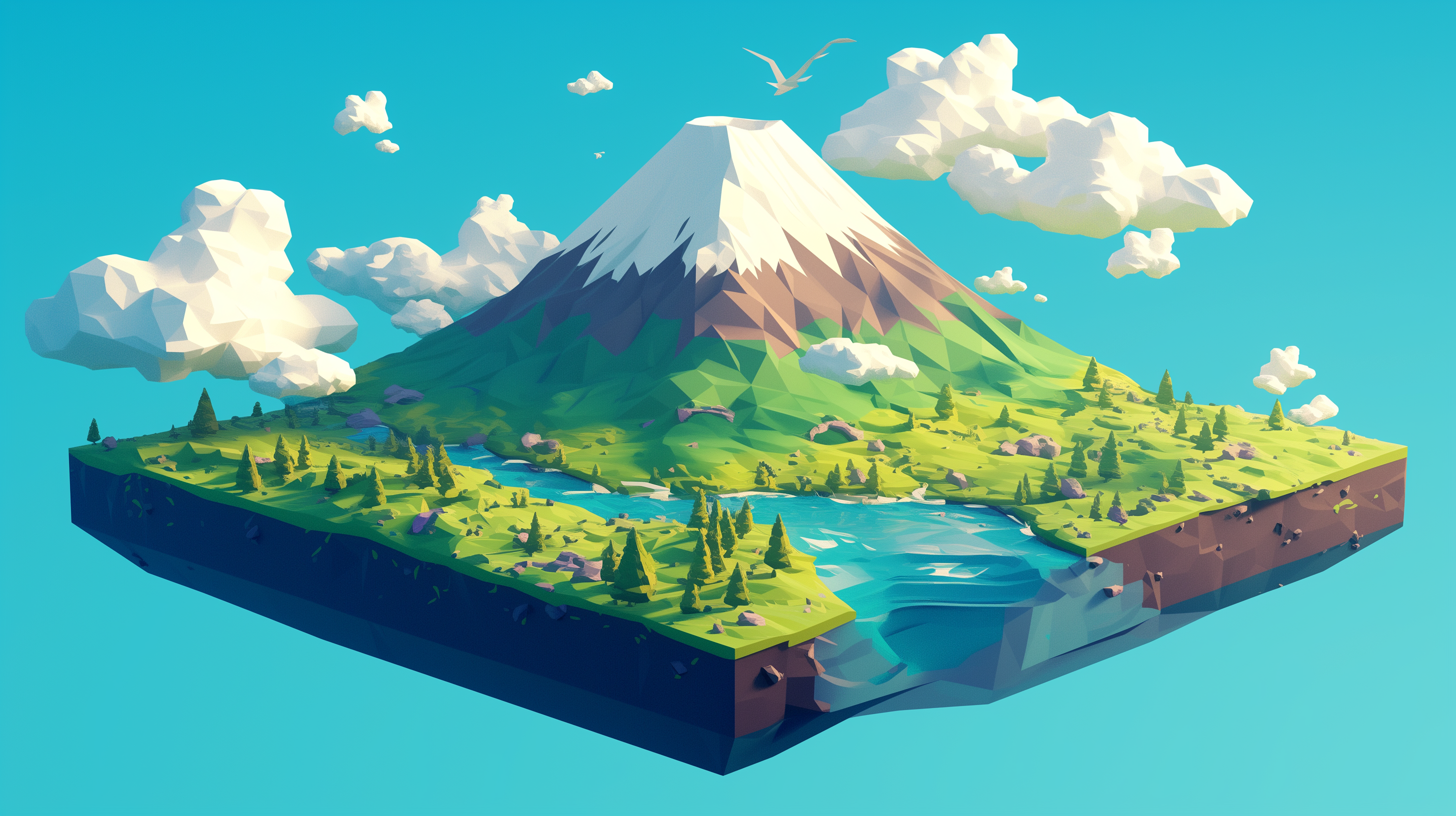 Isometric illustration of Mount Fuji in Japan with lush landscape for an HD desktop wallpaper.