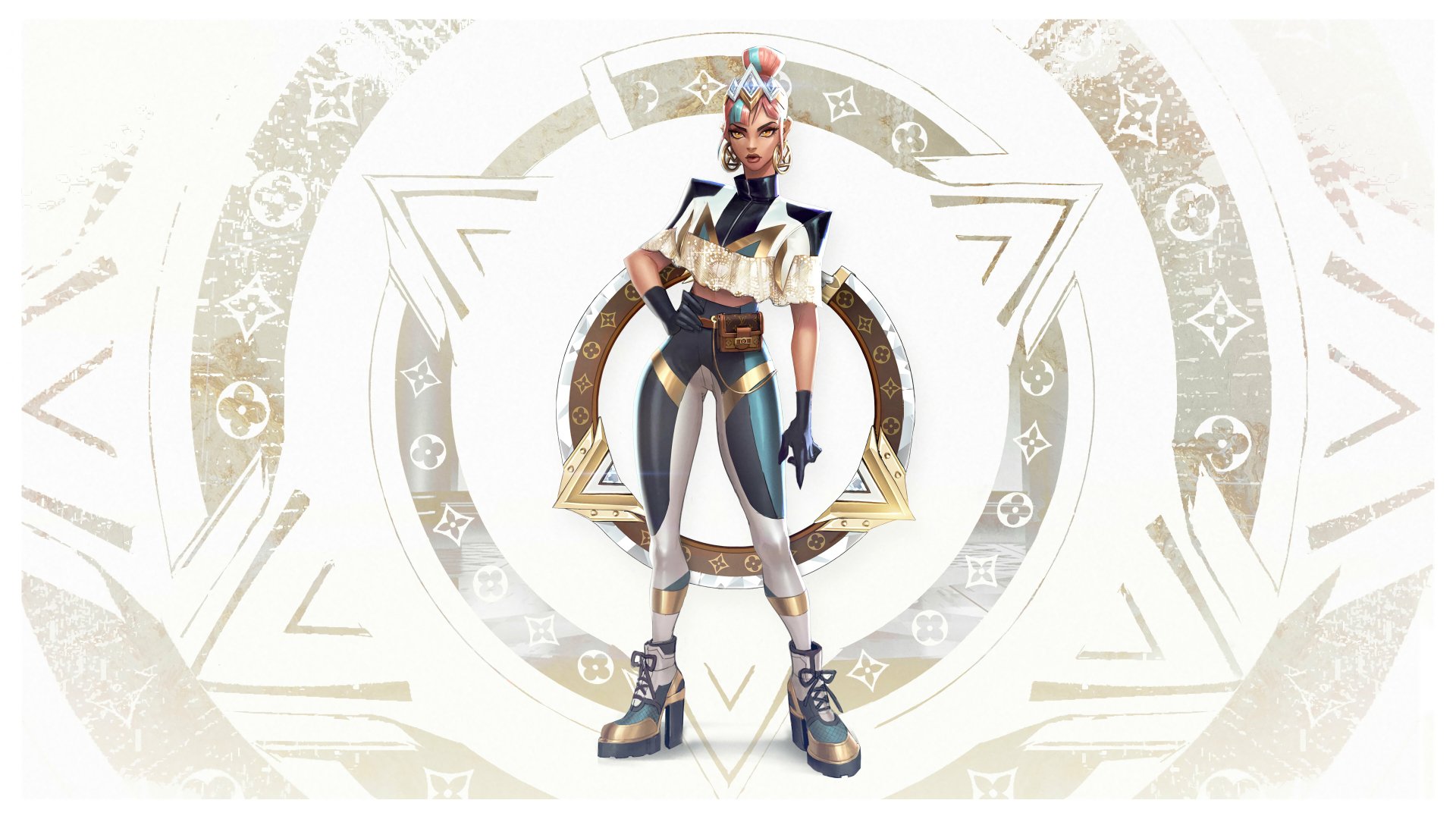 HD desktop wallpaper of Qiyana from League of Legends, showcasing the champion in a dynamic pose with a decorative background.