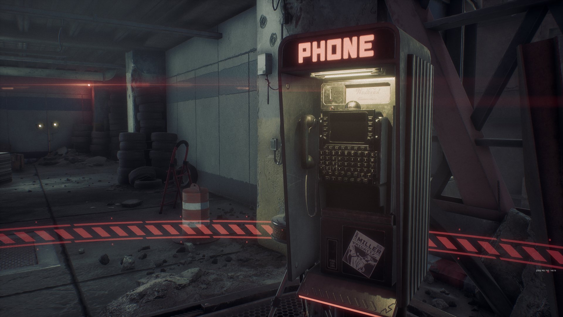 Stellar Blade video game HD wallpaper featuring an eerie abandoned payphone with glowing red lights and caution tape in a desolate environment.