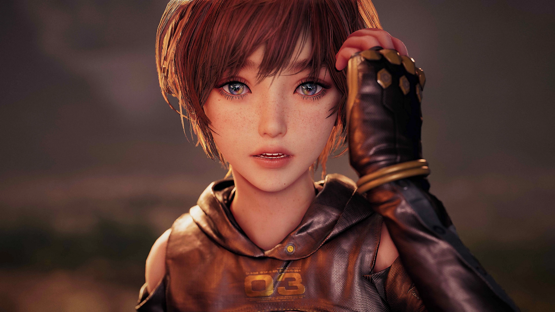 HD desktop wallpaper featuring a character from the video game Stellar Blade, with a detailed close-up of her face showing expressive eyes and a leather outfit.