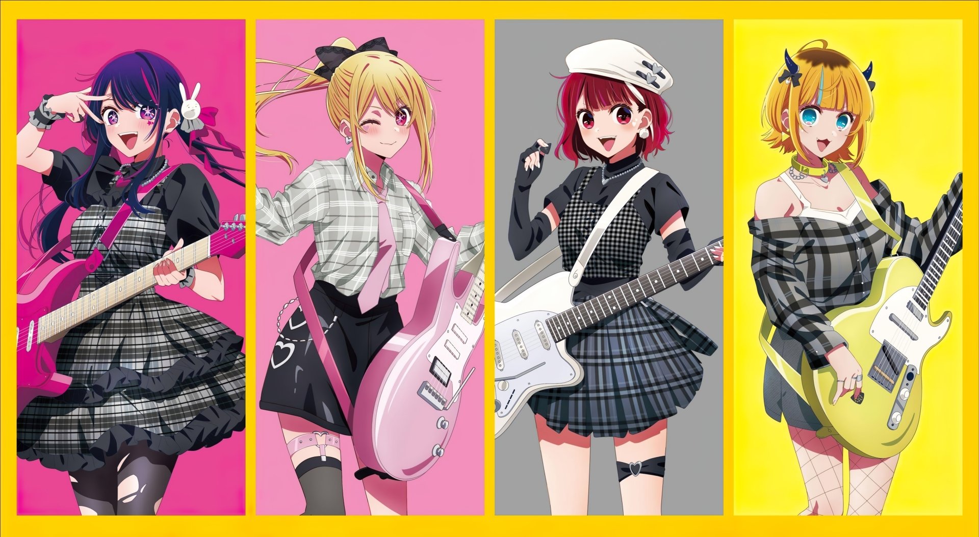 4K Ultra HD anime wallpaper featuring Ai Hoshino, Ruby Hoshino, and Kana Arima from Oshi no Ko, each holding electric guitars against vibrant pink and yellow backgrounds.