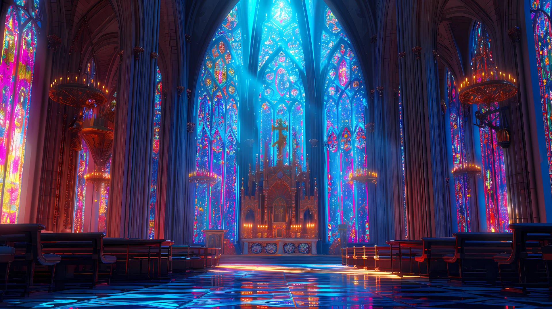 HD wallpaper of a fantasy church interior with vibrant stained glass windows and gothic architecture, embodying faith and religion.