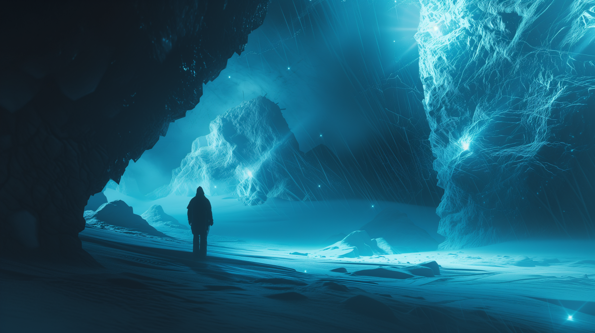 HD sci-fi duotone wallpaper featuring a mysterious figure exploring a surreal blue planetscape with dramatic lighting and rock formations.