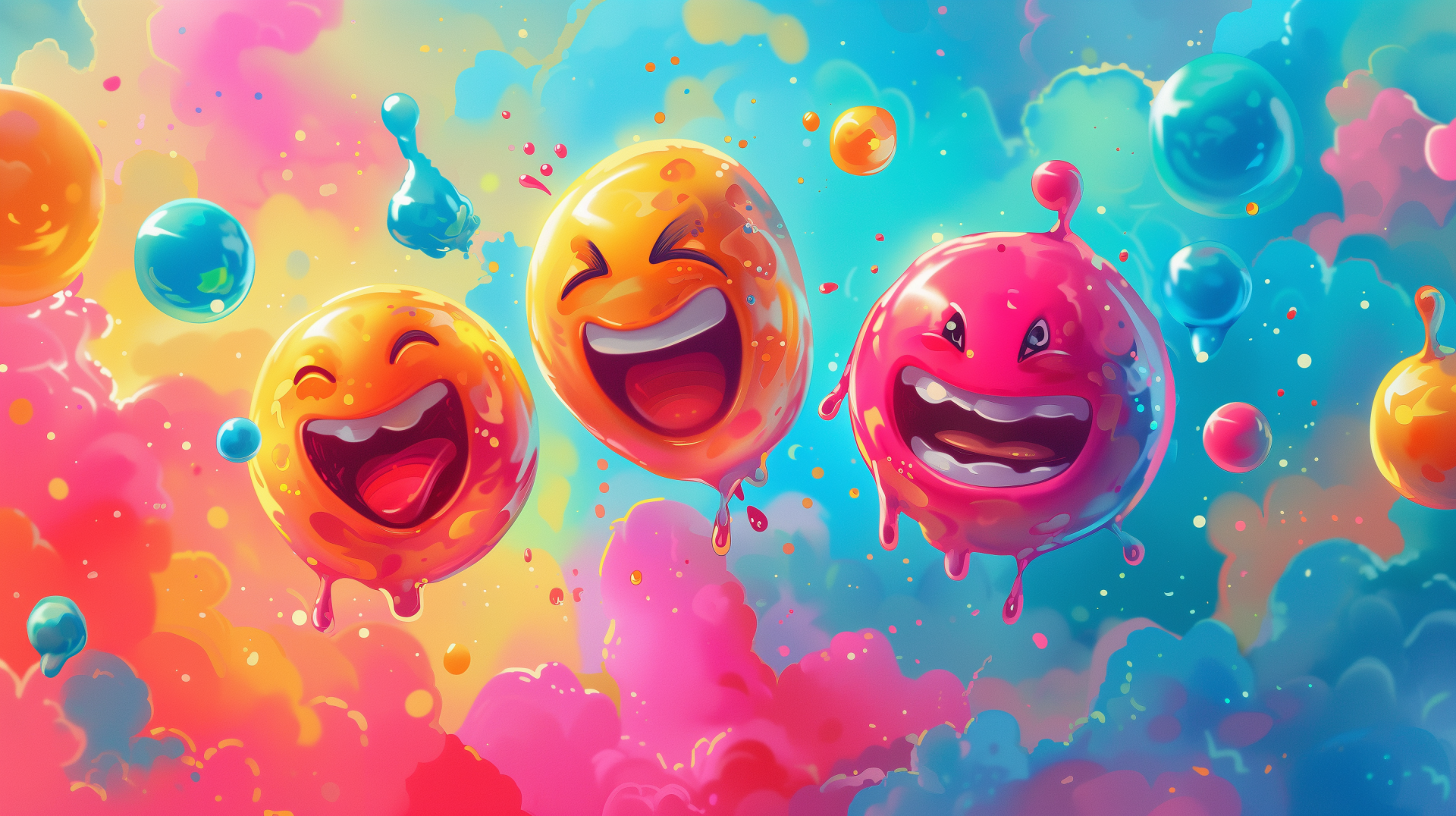 Colorful HD desktop wallpaper featuring vibrant laughing emoji balloons on a lively, abstract background to set a joyful mood.
