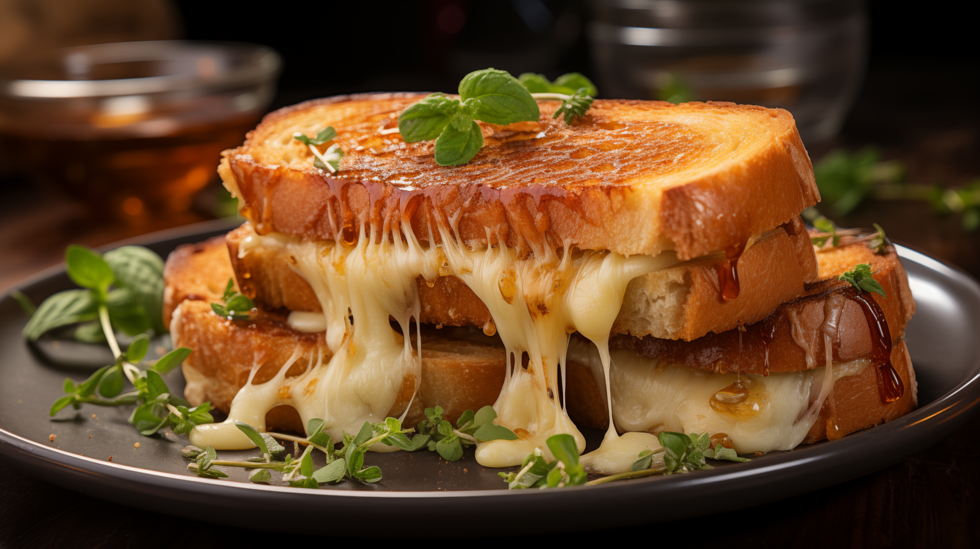 HD desktop wallpaper of a mouthwatering grilled cheese sandwich with melting cheese and garnished with fresh herbs on a plate.