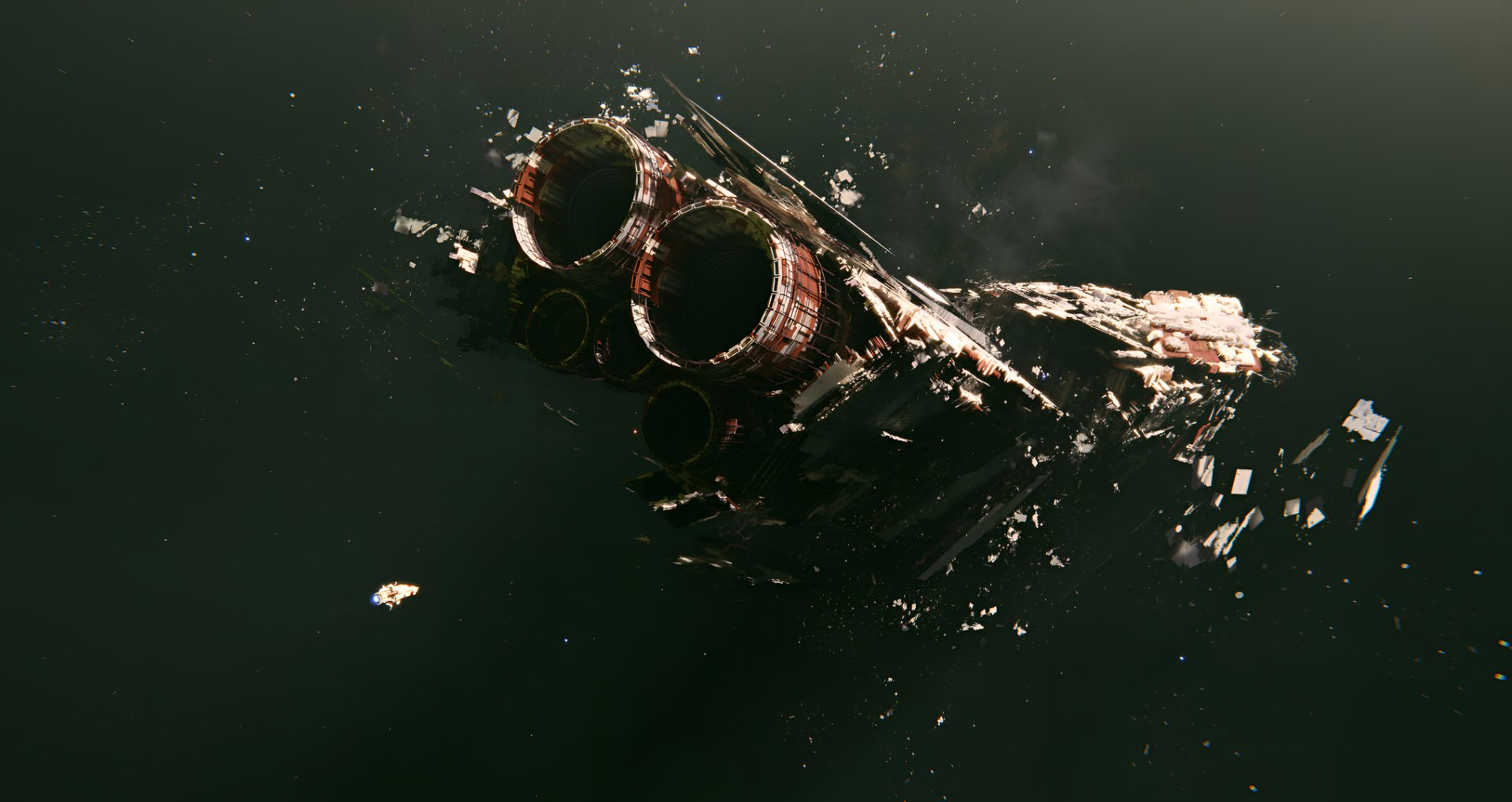 HD desktop wallpaper featuring a derelict spaceship wreck floating in space, with debris scattered around, creating a dramatic and moody background.