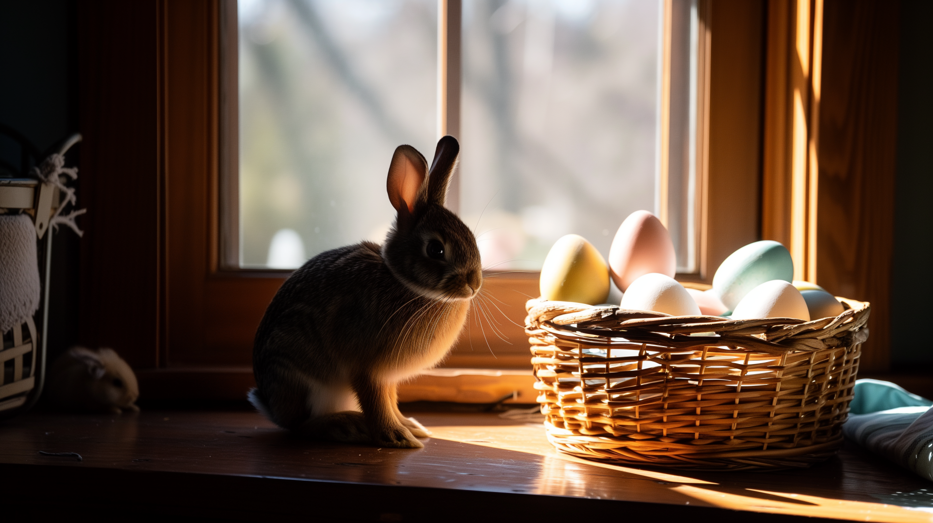 A cute bunny sits near a window, casting a soft shadow on a wooden surface, beside a basket filled with colorful Easter eggs. This HD desktop wallpaper adds a festive touch.