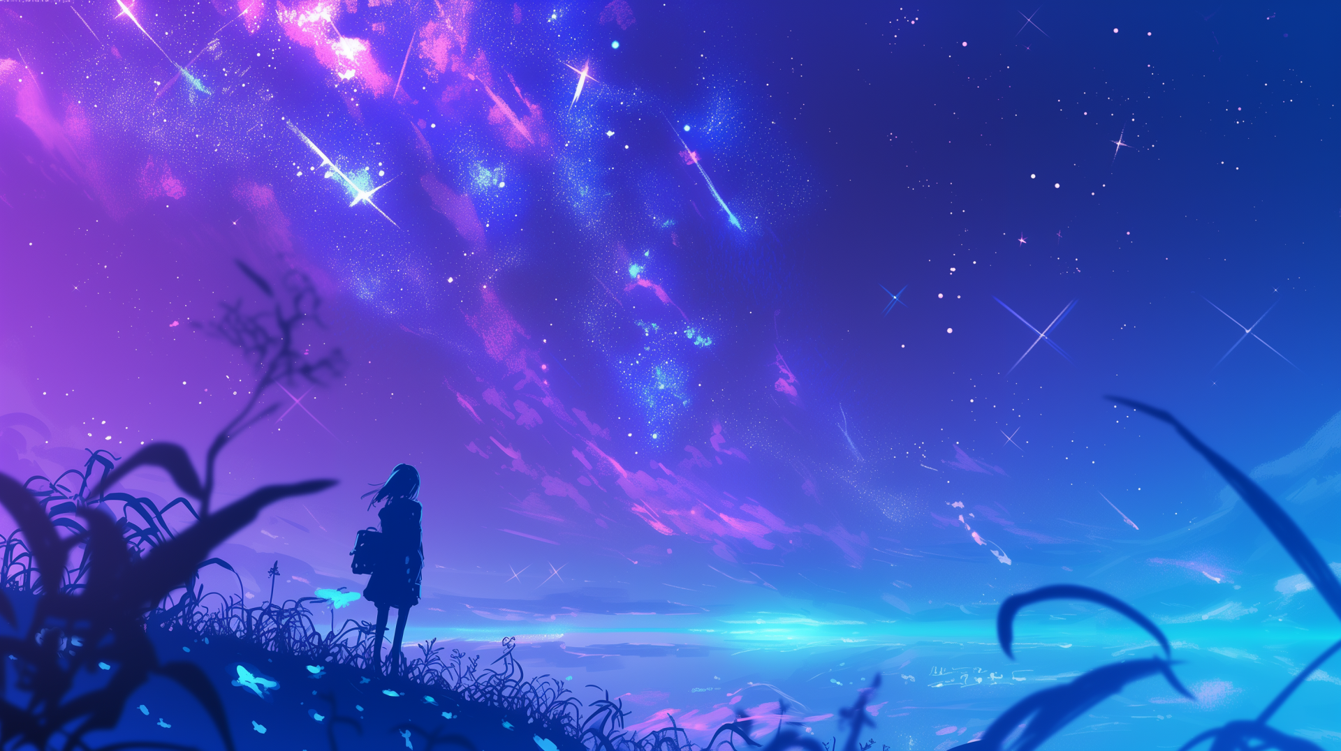 HD desktop wallpaper of a person stargazing under a vibrant cosmic sky with shooting stars.