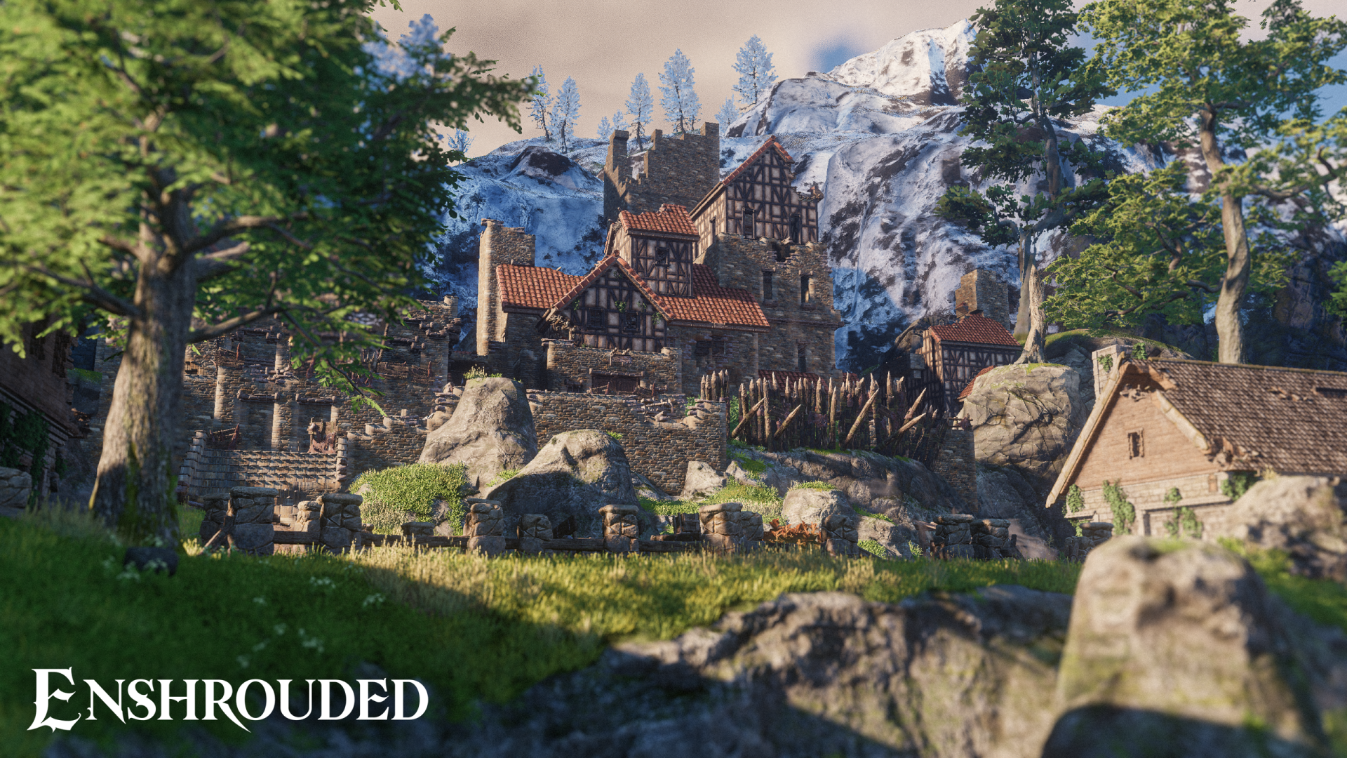 HD wallpaper featuring the medieval fantasy village from the video game Enshrouded, with rustic houses nestled in a lush green landscape against a backdrop of snow-capped mountains.