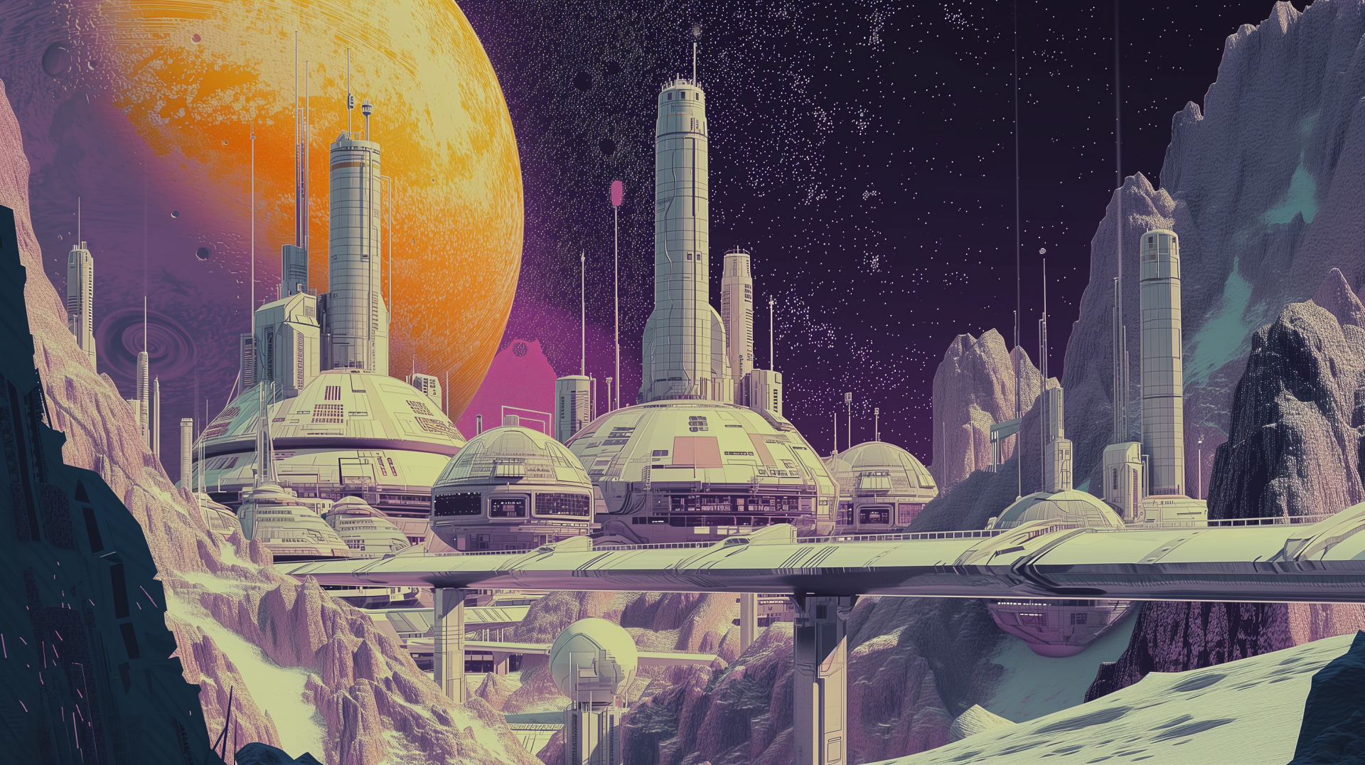 A vibrant sci-fi cityscape features futuristic buildings and structures under a massive planet, creating an immersive HD desktop wallpaper for any sci-fi enthusiast.