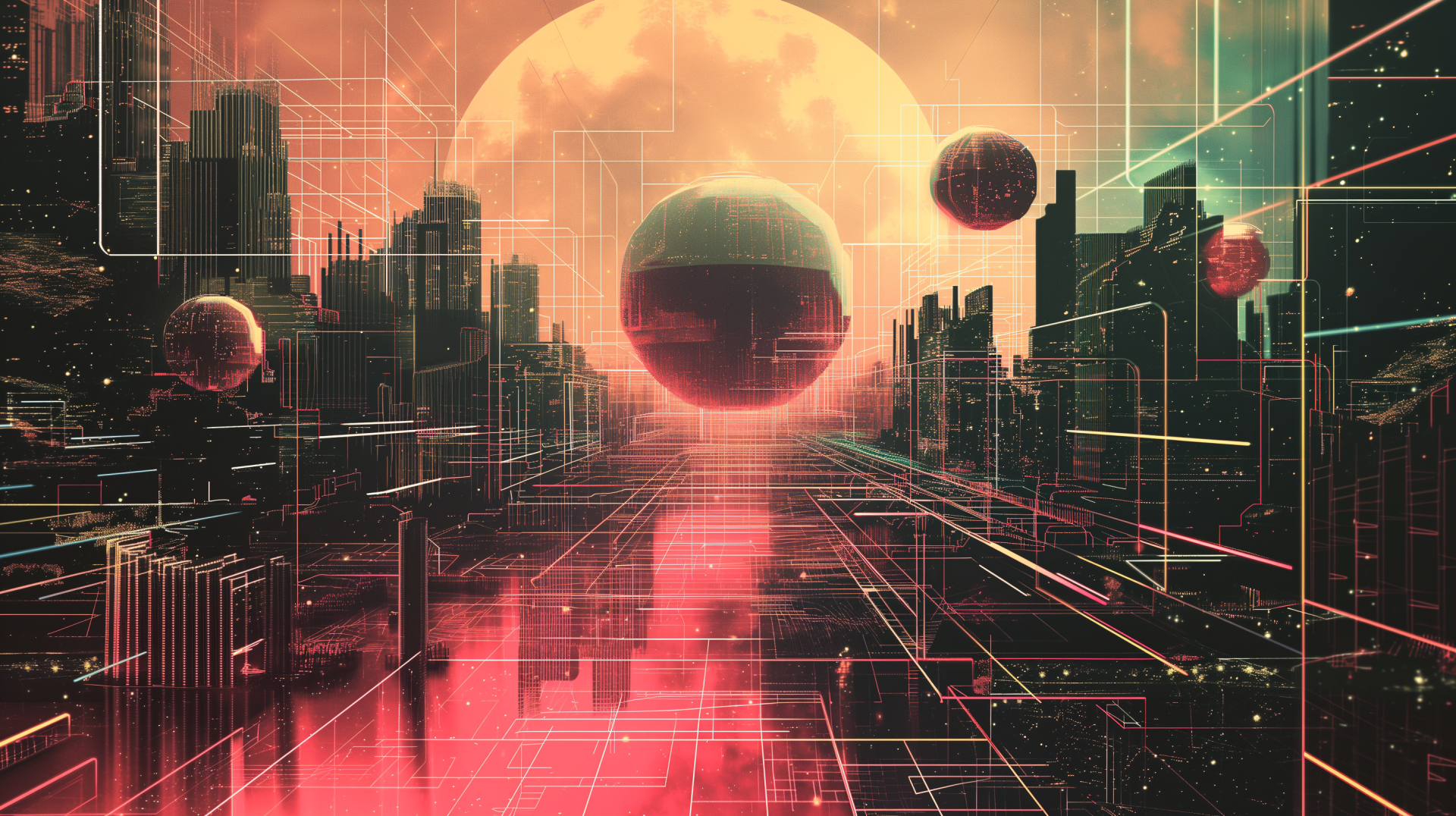 Sci-fi wallpaper with artistic lines and futuristic cityscape for HD desktop background.