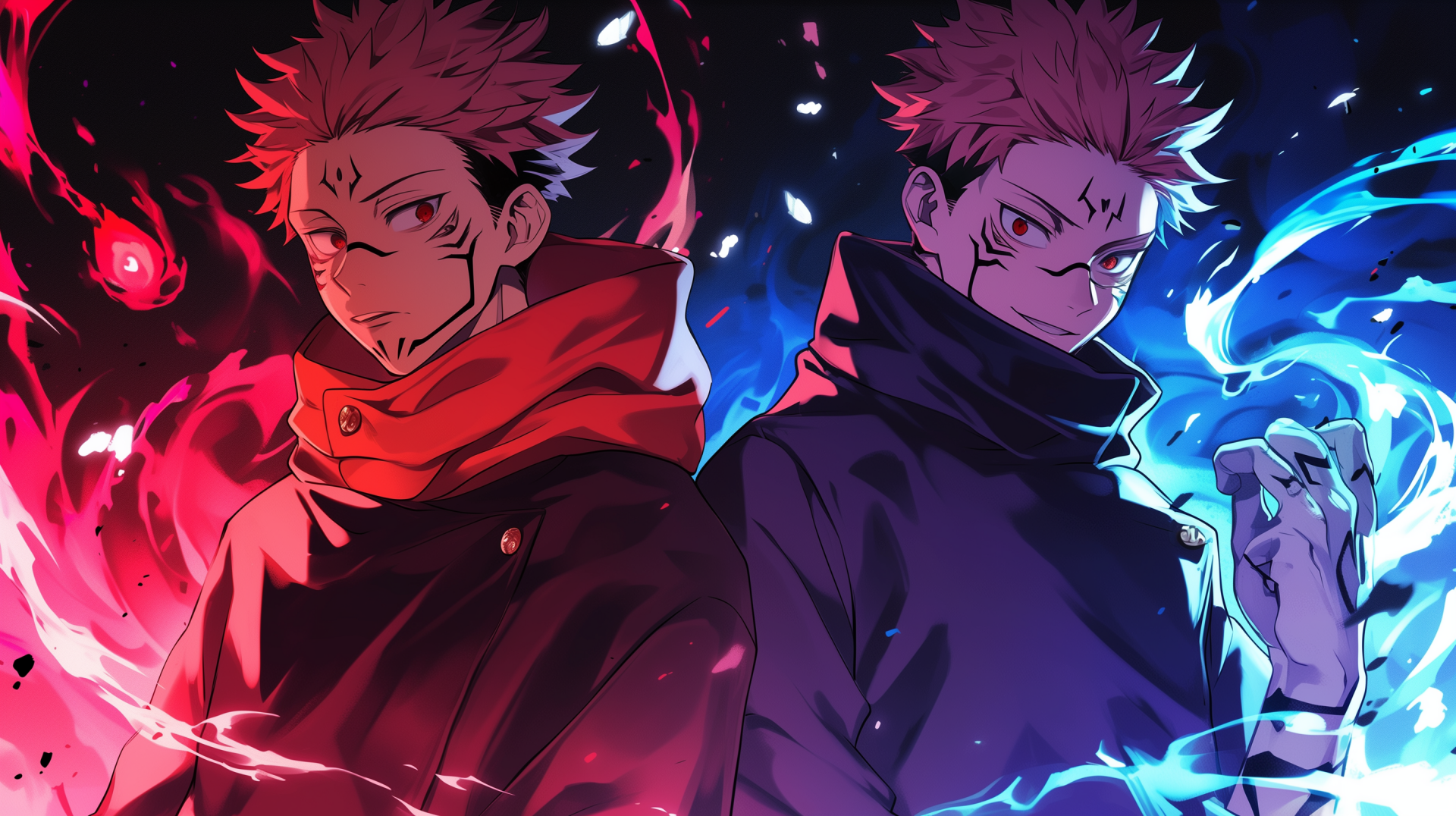 HD anime wallpaper featuring Sukuna from Jujutsu Kaisen, showcasing vibrant red and blue flames, highlighting his duality and powerful presence.