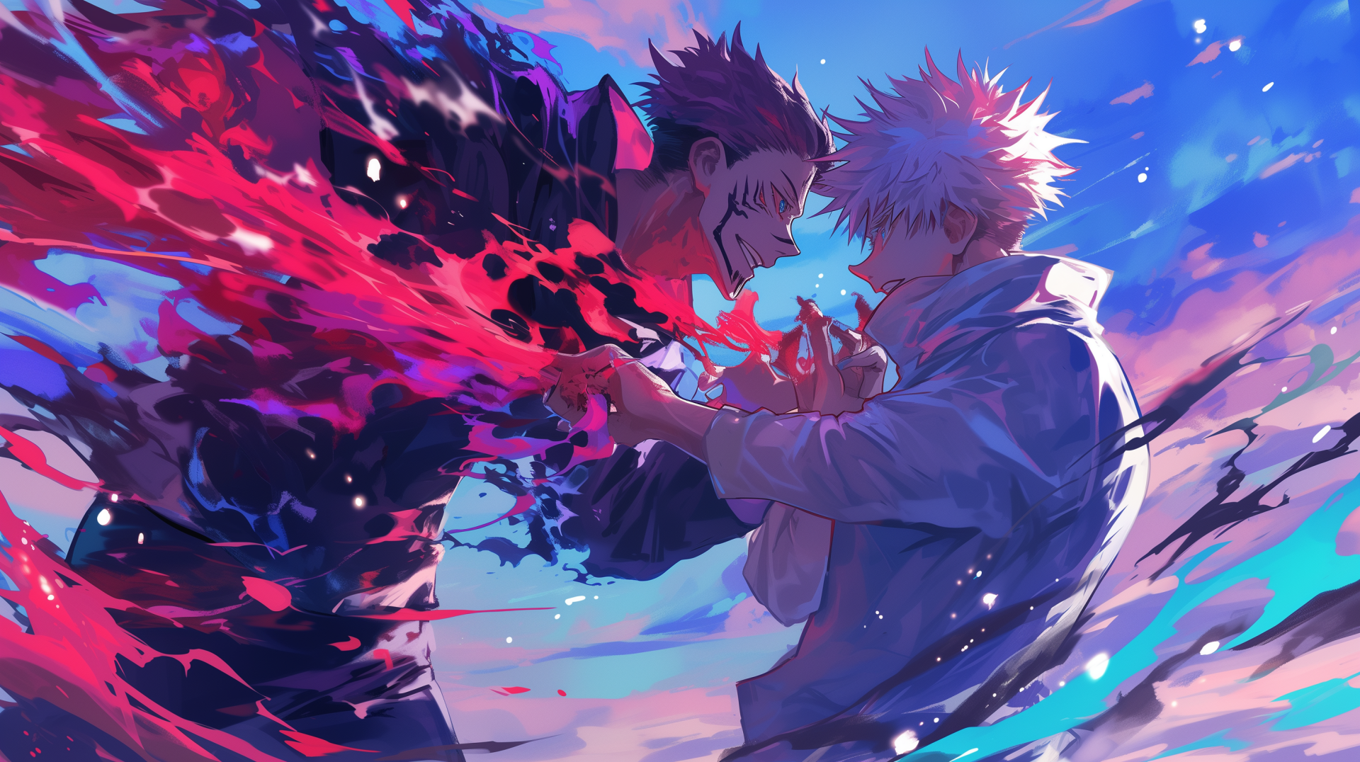 HD wallpaper featuring an intense battle between Gojo and Sukuna from the anime Jujutsu Kaisen, with dynamic colors and energy effects.