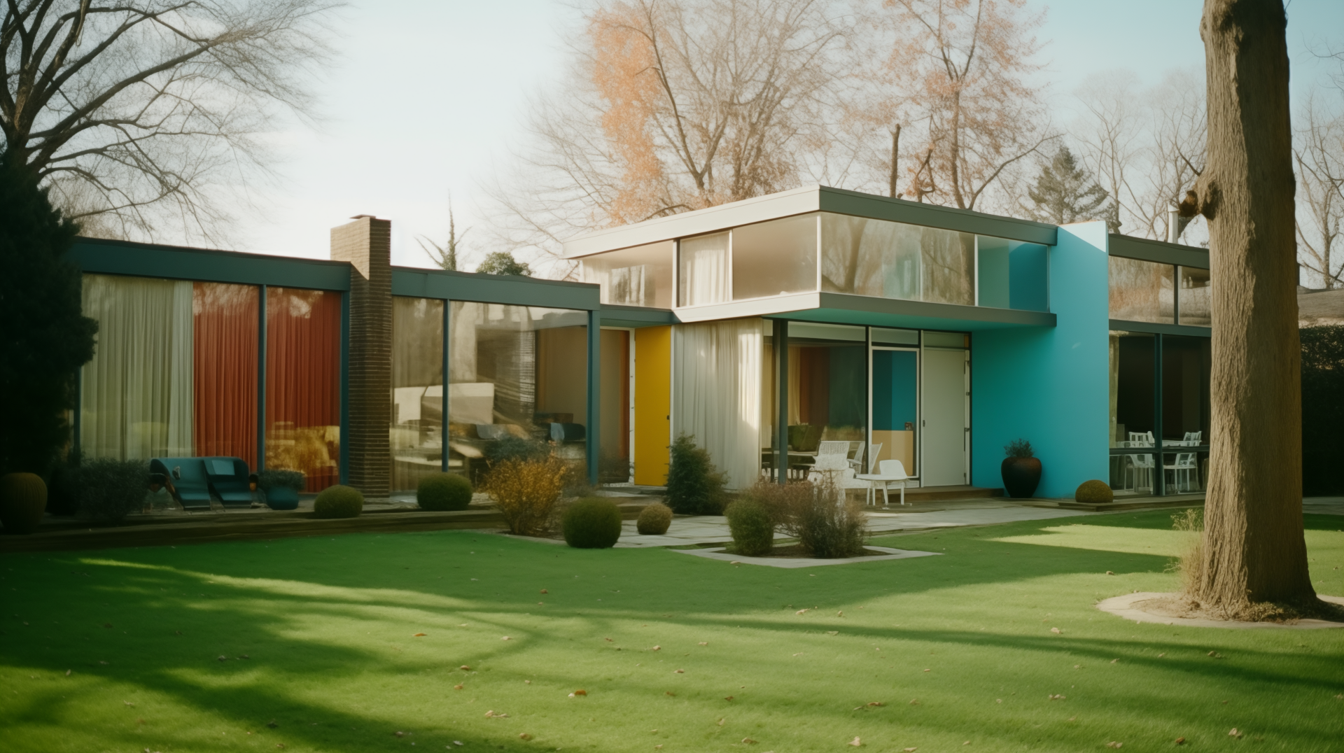 A modern house with colorful accents sits amid a vibrant green lawn, captured in high definition, making for a stunning desktop wallpaper or background.