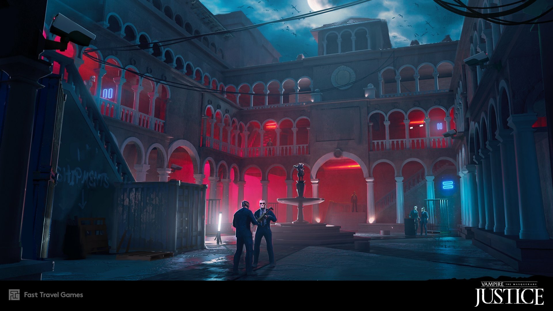 HD desktop wallpaper of Vampire: The Masquerade - Justice, featuring a gothic courtyard scene with dramatic red lighting.