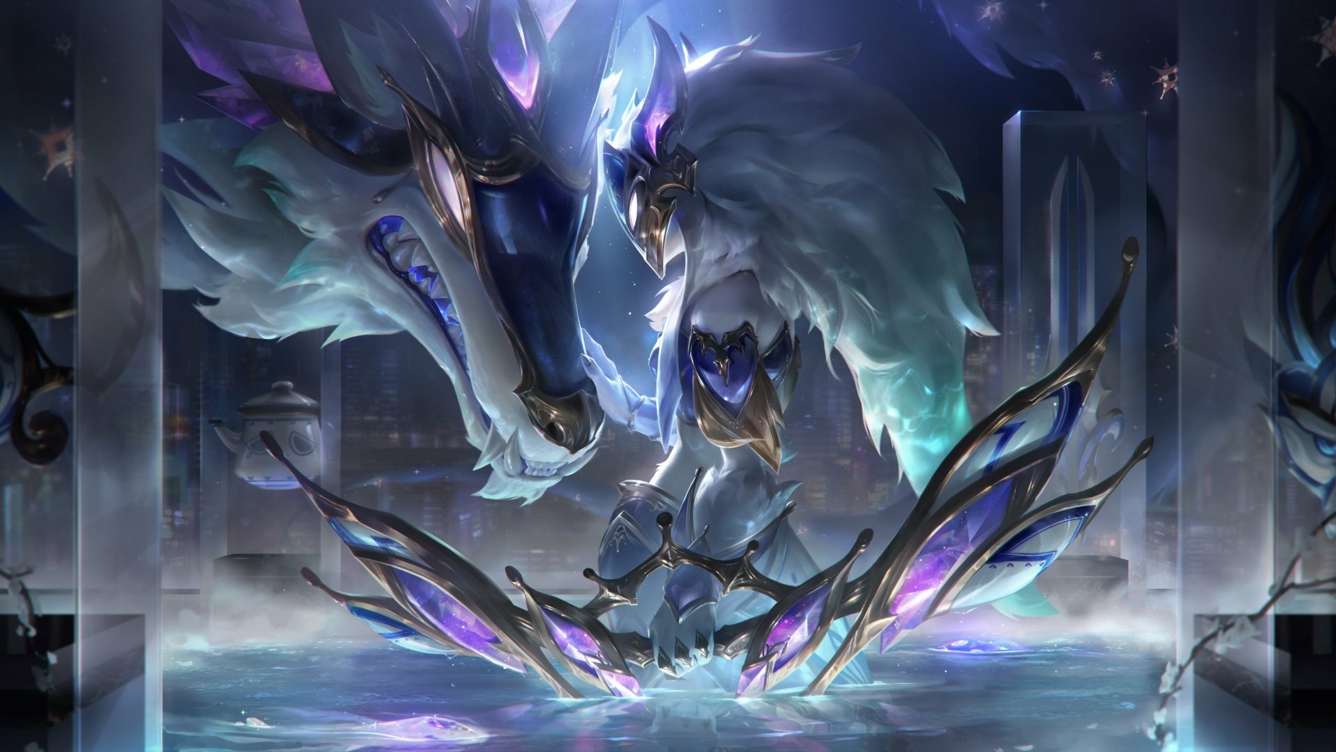 4K Ultra HD League of Legends wallpaper featuring Kindred with ethereal wolf spirits and glowing blue-purple accents in a mystical, dark environment.