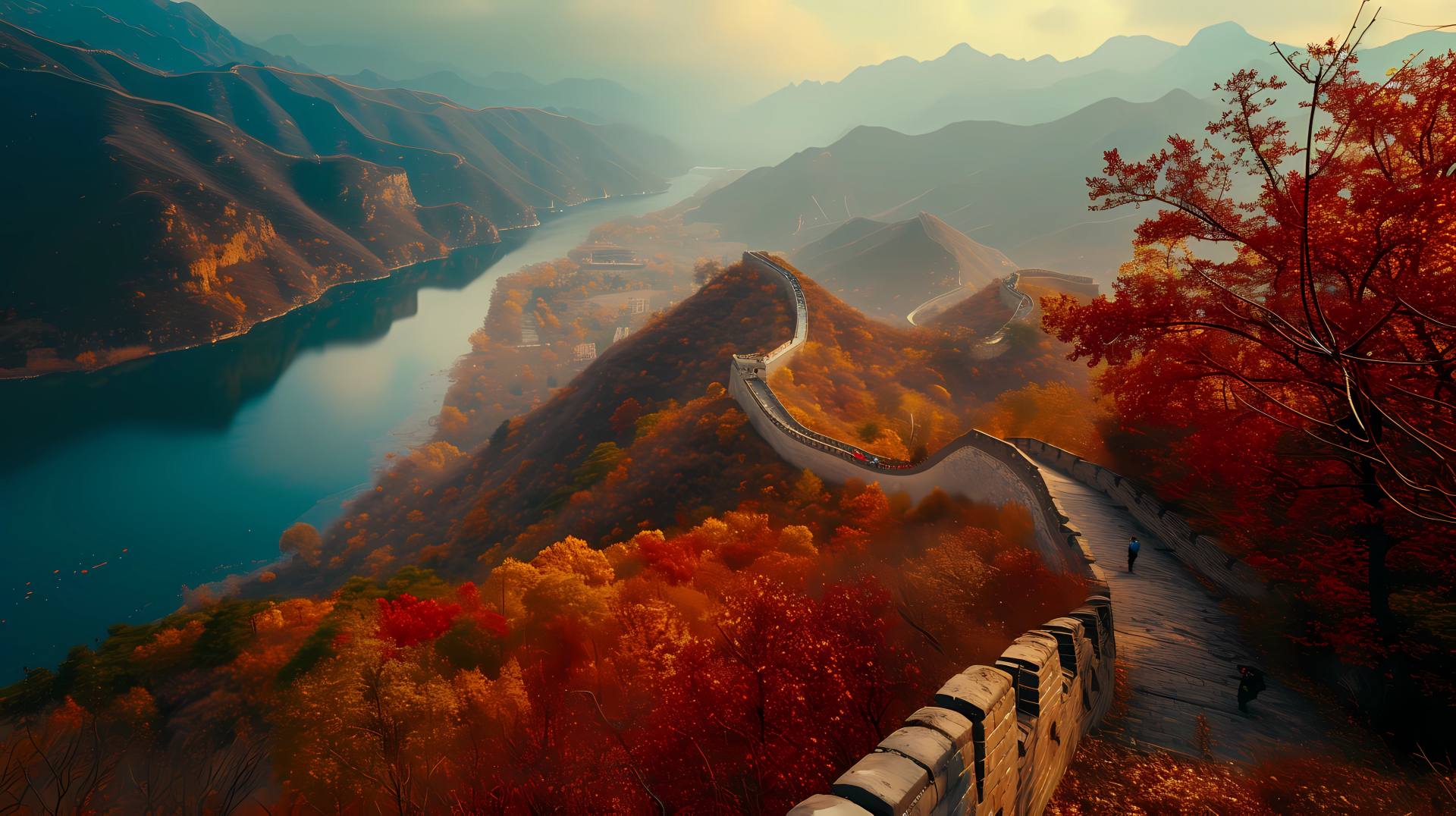 The Great Wall of China winds through vibrant autumn foliage, overlooking a serene river, creating a stunning HD desktop wallpaper that captures nature's beauty.