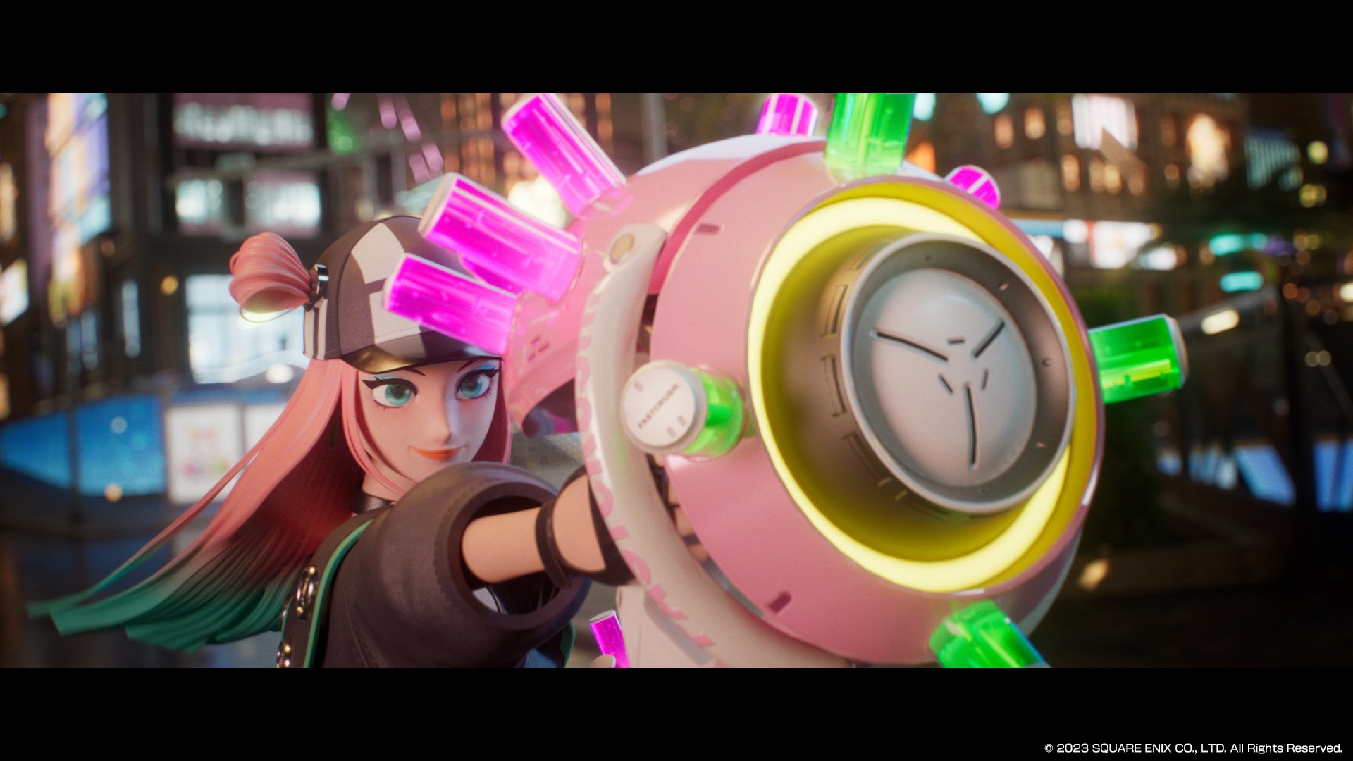 HD desktop wallpaper featuring a character from the video game Foamstars holding a colorful blaster gun, set against a vibrant cityscape background.