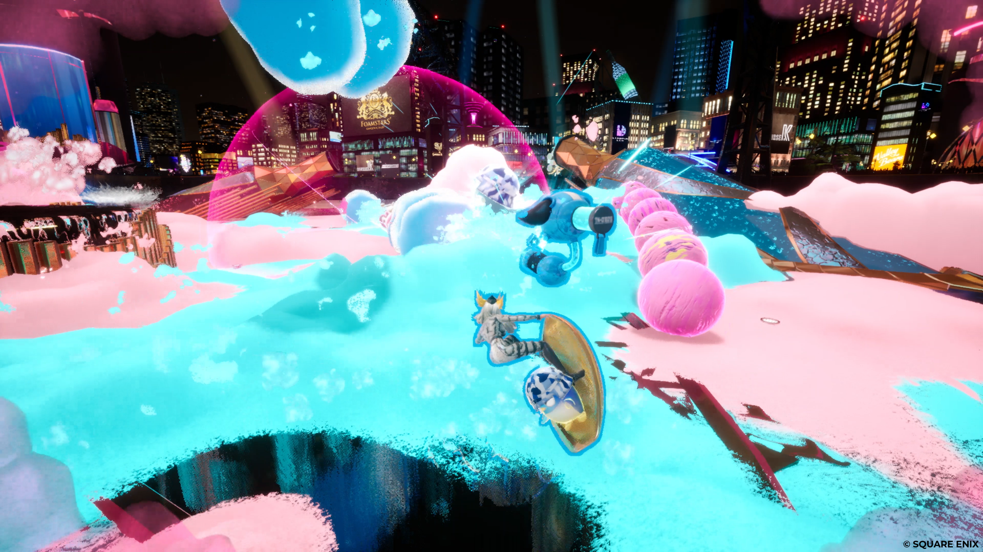 HD Wallpaper of Foamstars Video Game with Vibrant Colors and Surreal Cityscape Background.