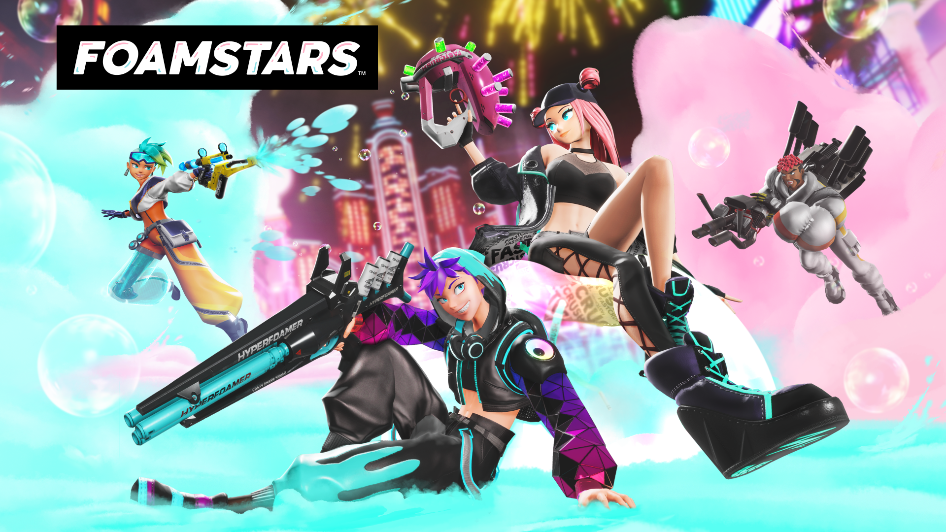 HD wallpaper of Foamstars video game characters, dynamic poses with vibrant, lively background.