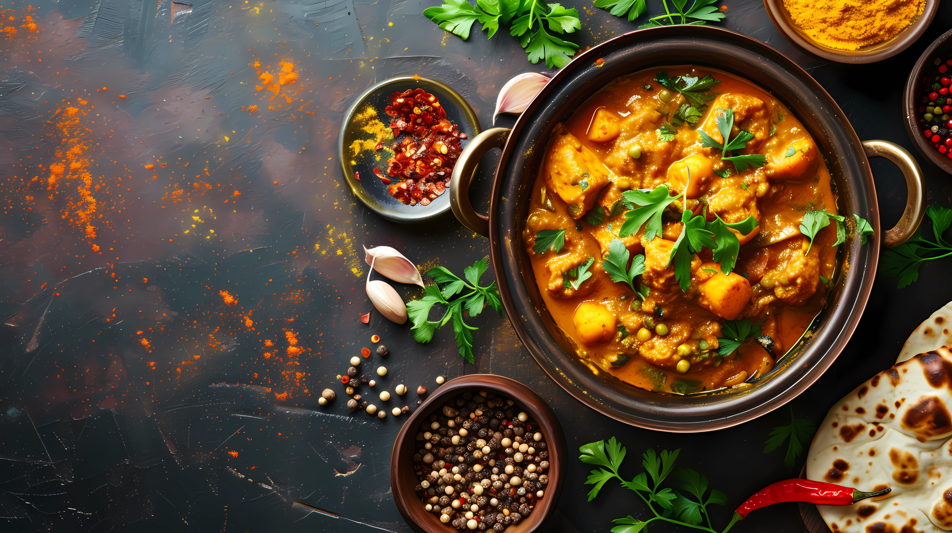 A vibrant dish of curry filled with vegetables and spices sits in a pot on a textured table. Surrounding it are spices and herbs, creating an inviting meal scene for food lovers.