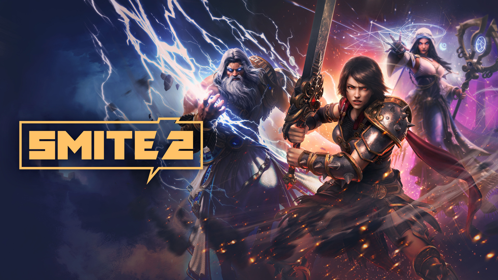 HD wallpaper featuring dynamic characters from Smite 2 video game with electric and mystical elements for desktop background.
