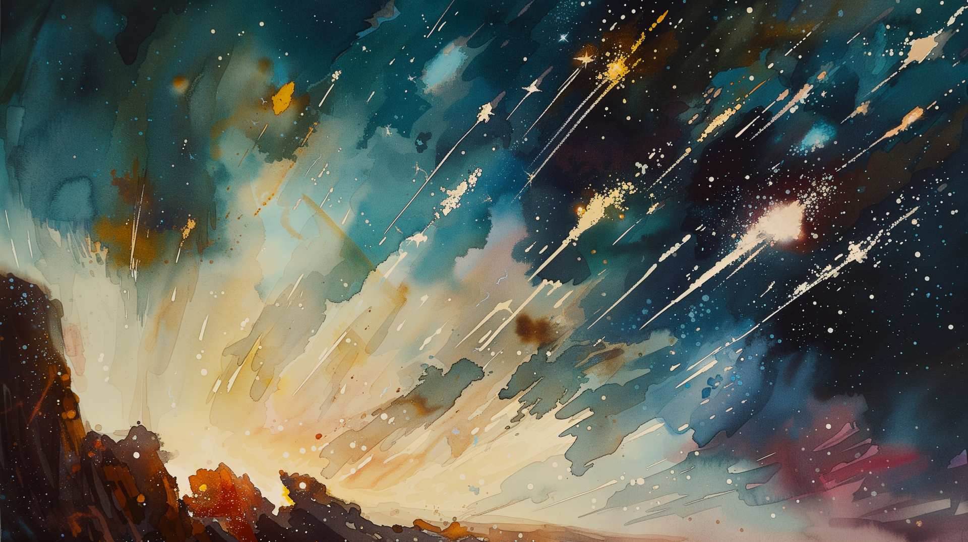 A stunning HD wallpaper depicting a vibrant meteor shower against a backdrop of colorful cosmic clouds, capturing the beauty and wonder of the night sky.
