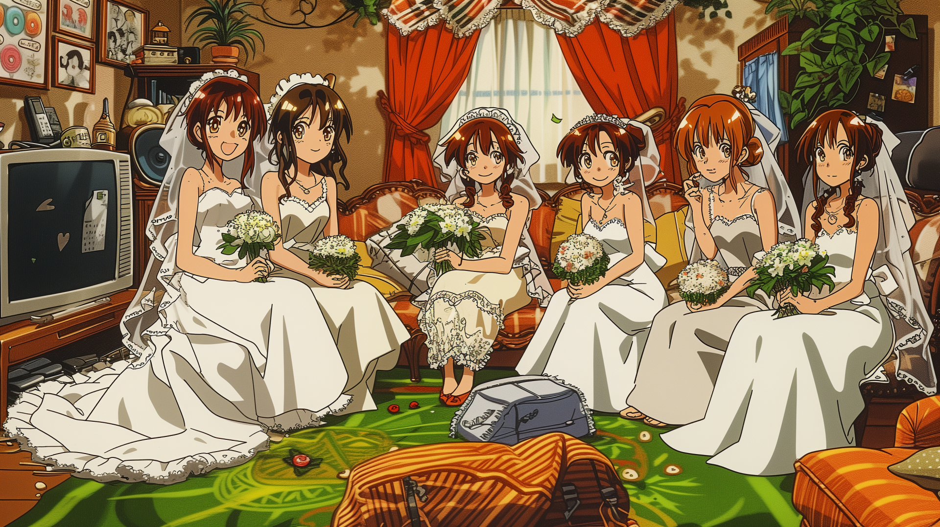Anime bridal shower theme HD wallpaper featuring multiple animated characters dressed in elegant wedding attire, sitting in a beautifully decorated room.