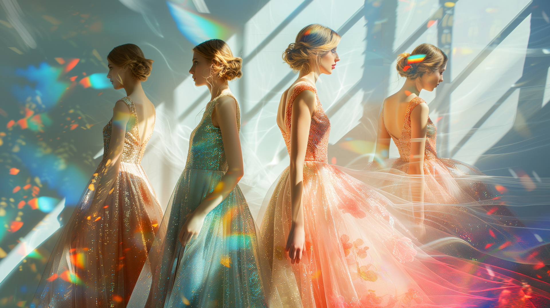 Elegant bridesmaids in sparkling dresses, posing for an HD desktop wallpaper with a vibrant, ethereal background.