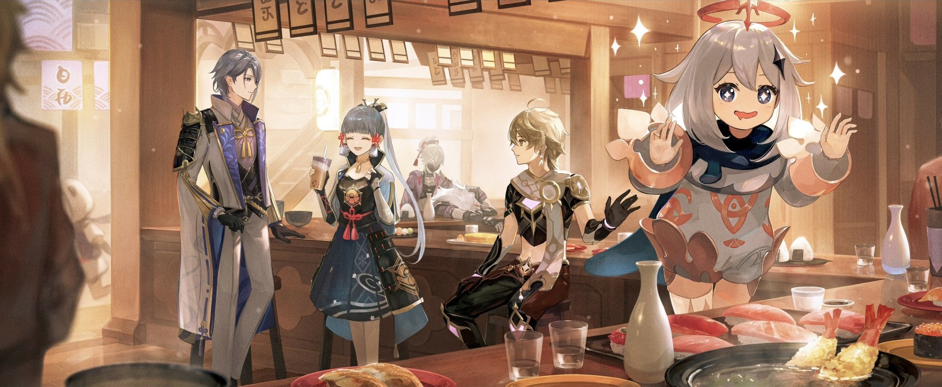 HD PC desktop wallpaper featuring Genshin Impact characters Paimon, Kamisato Ayaka, Kamisato Ayato, and Aether in a cozy, warmly lit tavern setting.