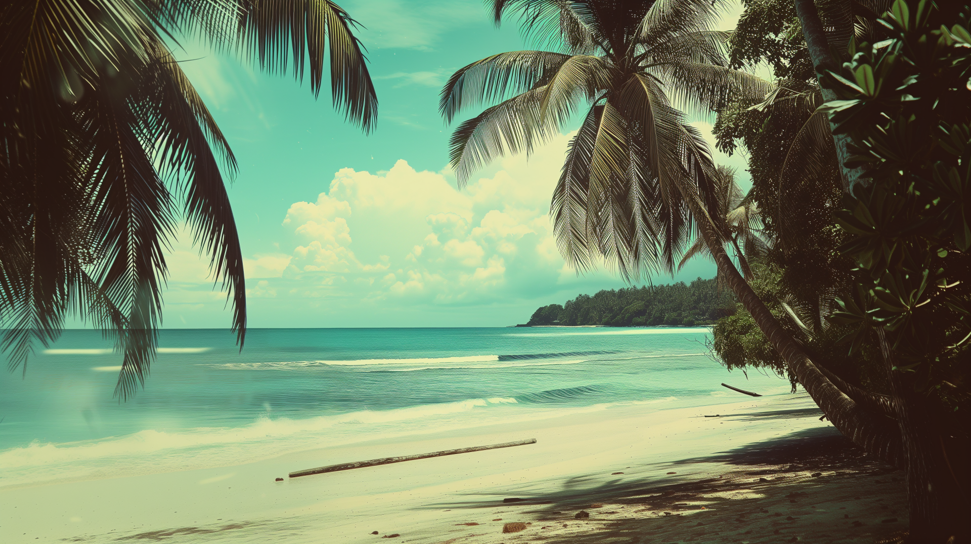 A serene tropical island scene featuring palm trees, a sandy beach, and calm turquoise waters under a clear sky. This HD desktop wallpaper captures the beauty of nature perfectly.
