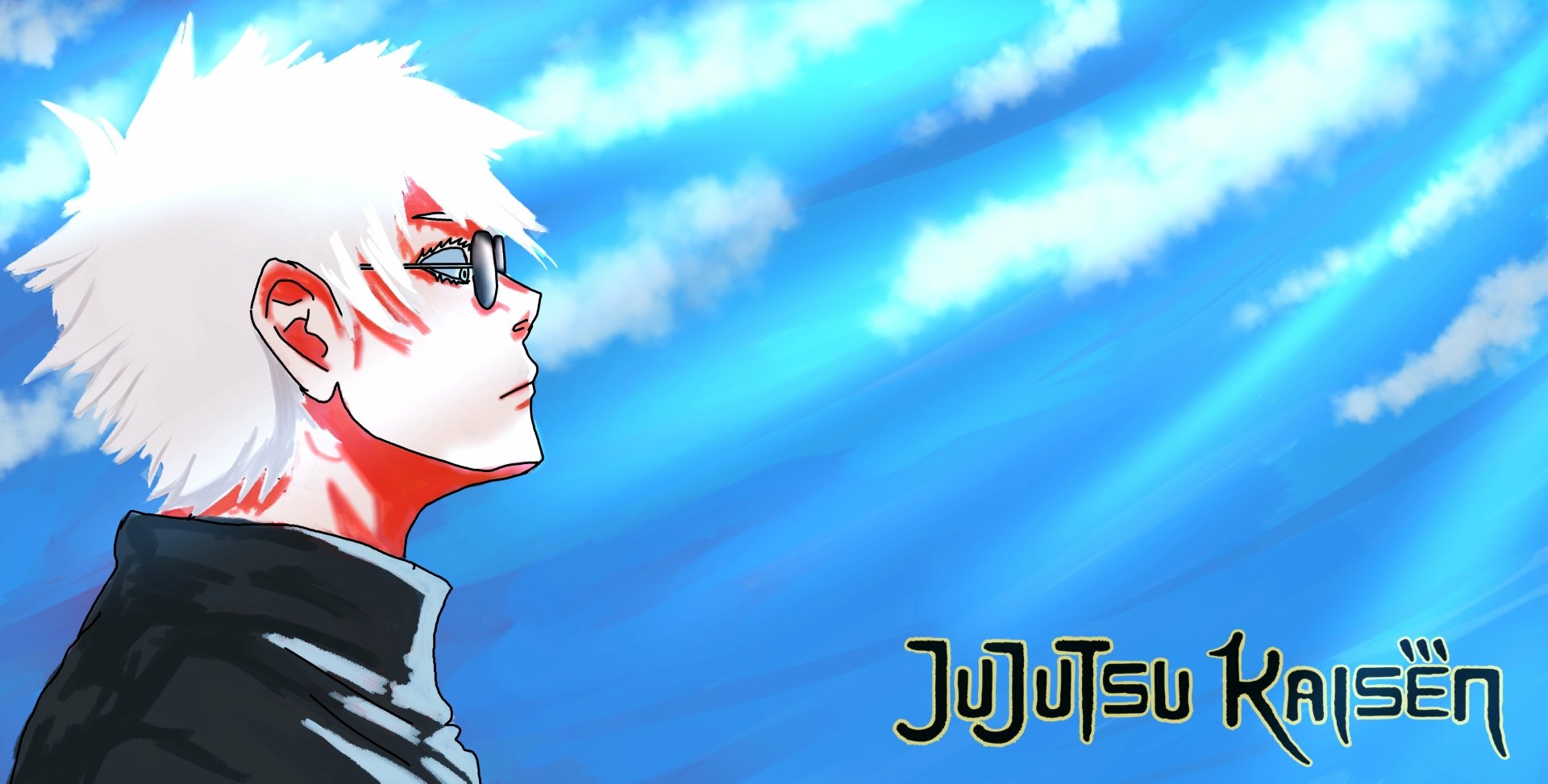 Satoru Gojo from Jujutsu Kaisen with white hair and blindfold, set against a vibrant blue sky, presented as a 4K Ultra HD PC desktop wallpaper.