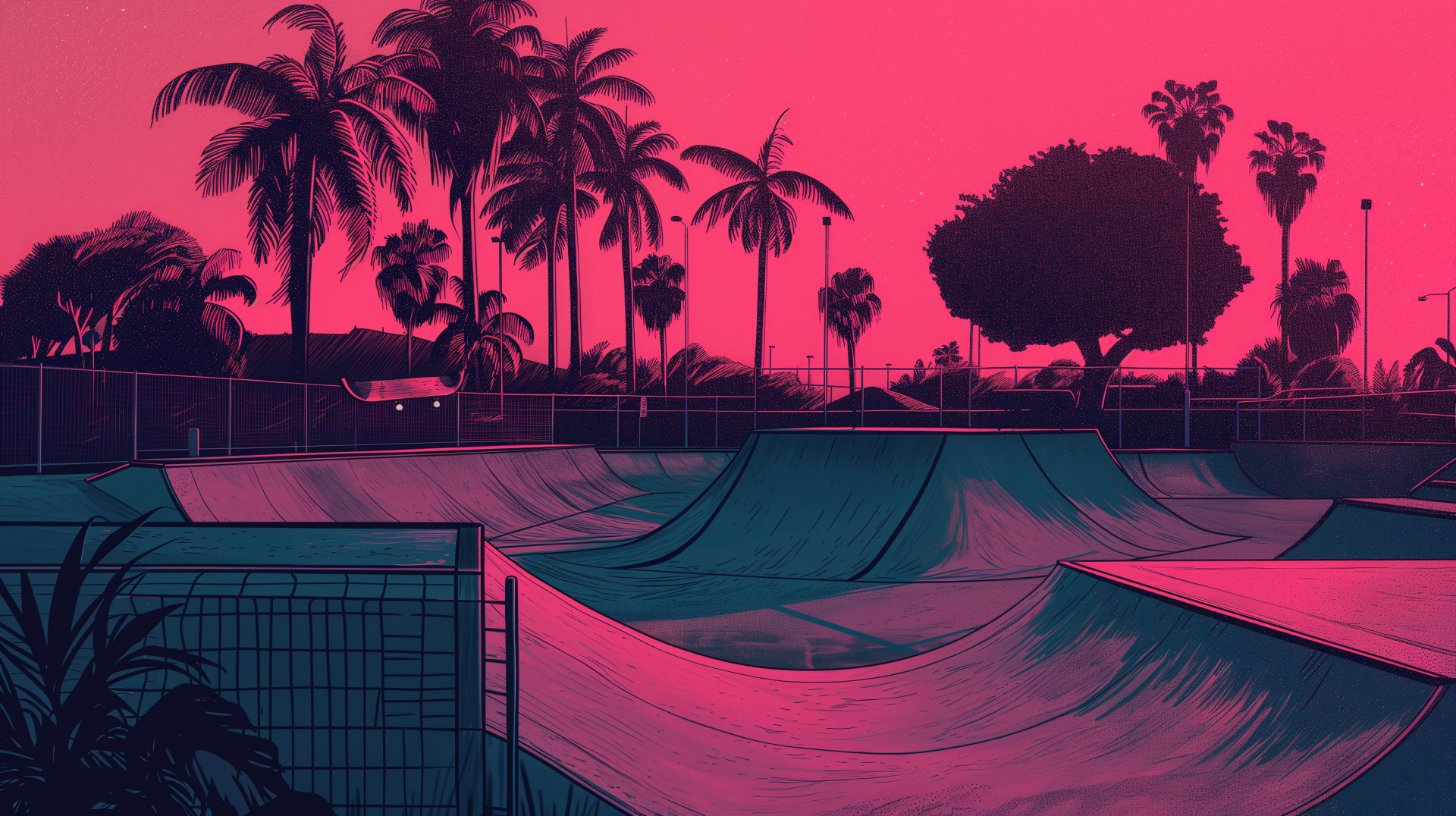 A vibrant skate park scene at dusk, framed by palm trees and glowing in shades of pink and purple, creates an eye-catching HD desktop wallpaper.