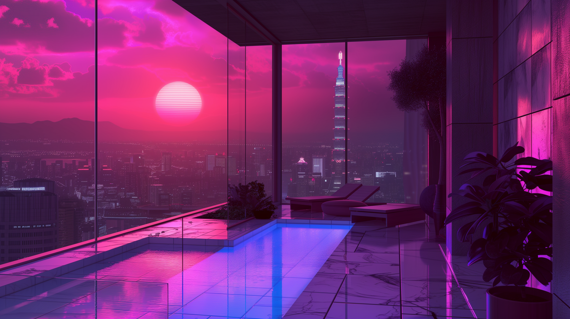 Aesthetic HD wallpaper featuring a luxurious indoor pool with a stunning sunset cityscape view.