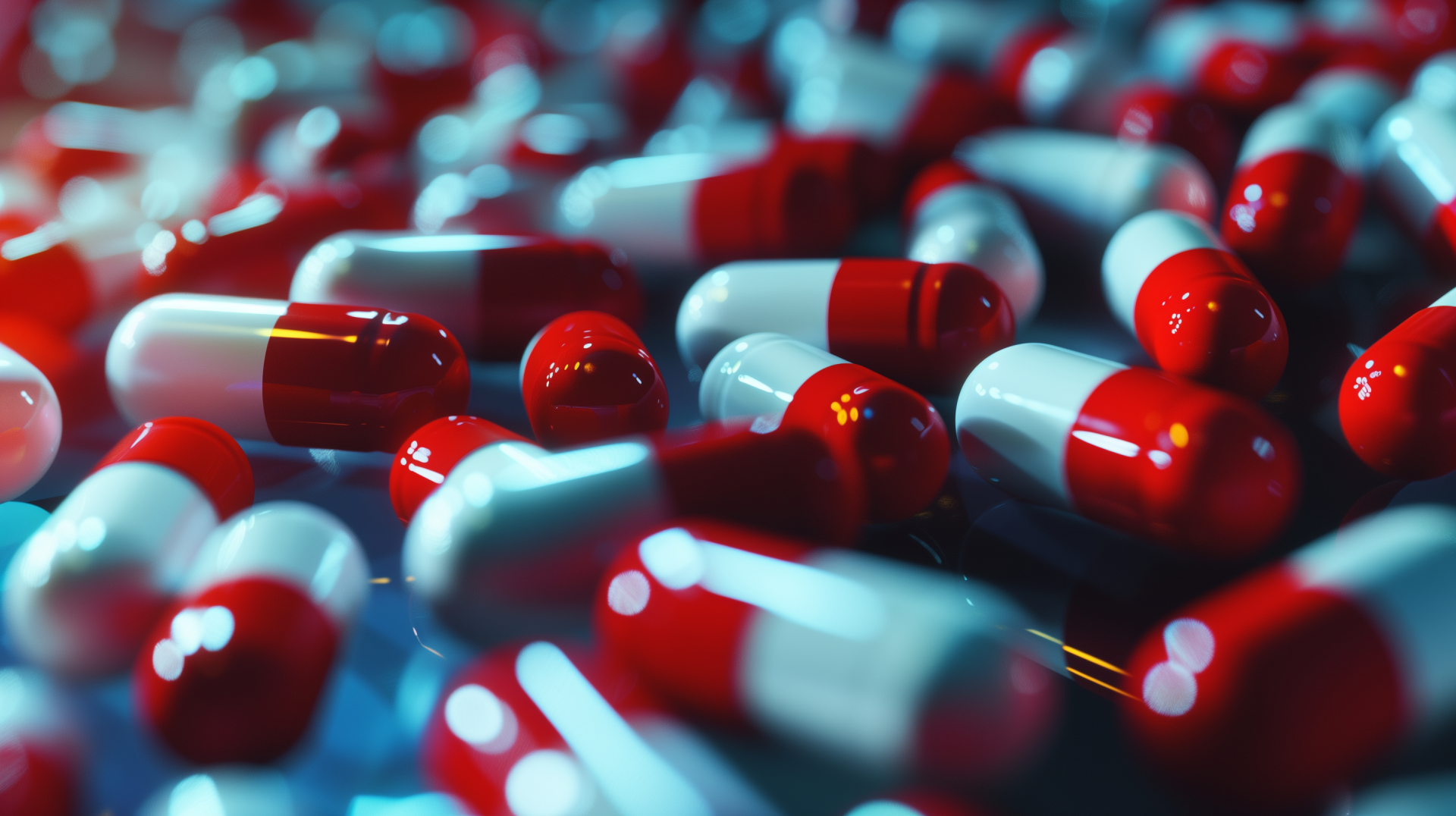 HD wallpaper of red and white medicine capsules scattered in high detail for a healthcare-themed background