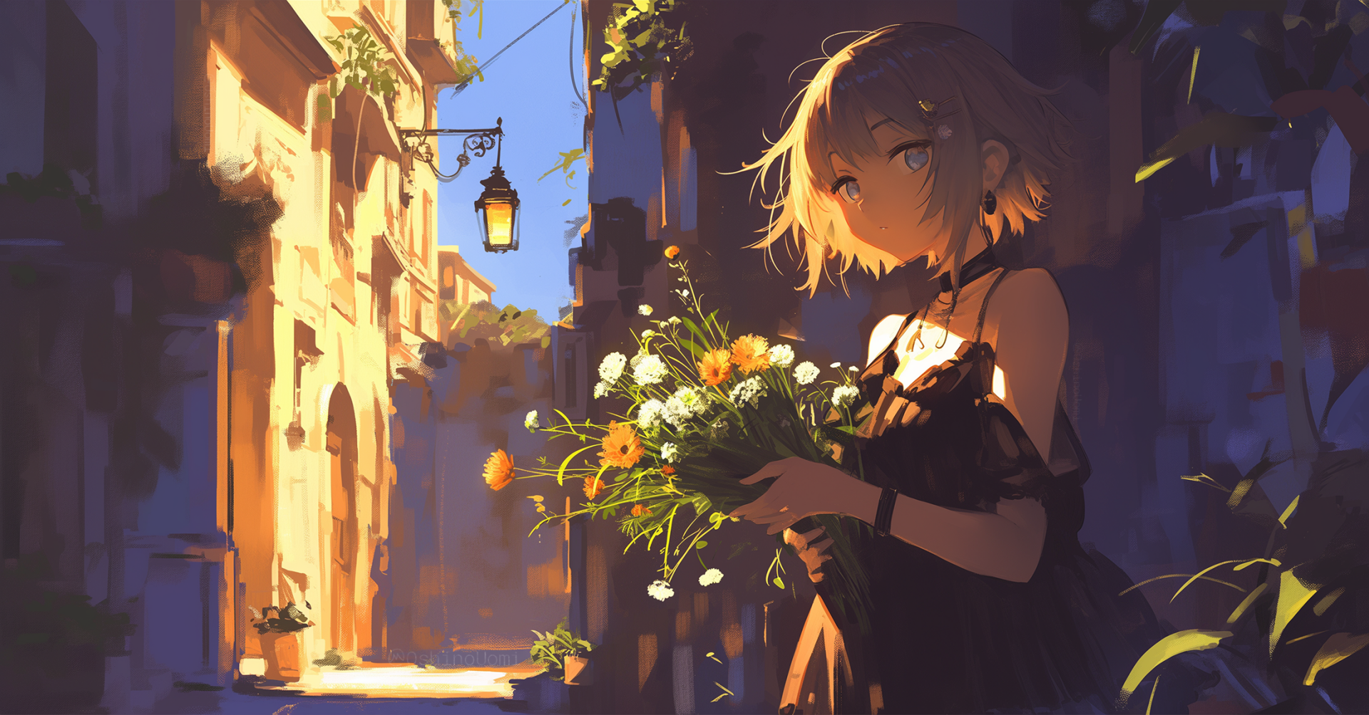 Anime girl in a black dress holding a bouquet of flowers stands in a sunlit alley, captured in vibrant HD detail for a PC desktop wallpaper background.
