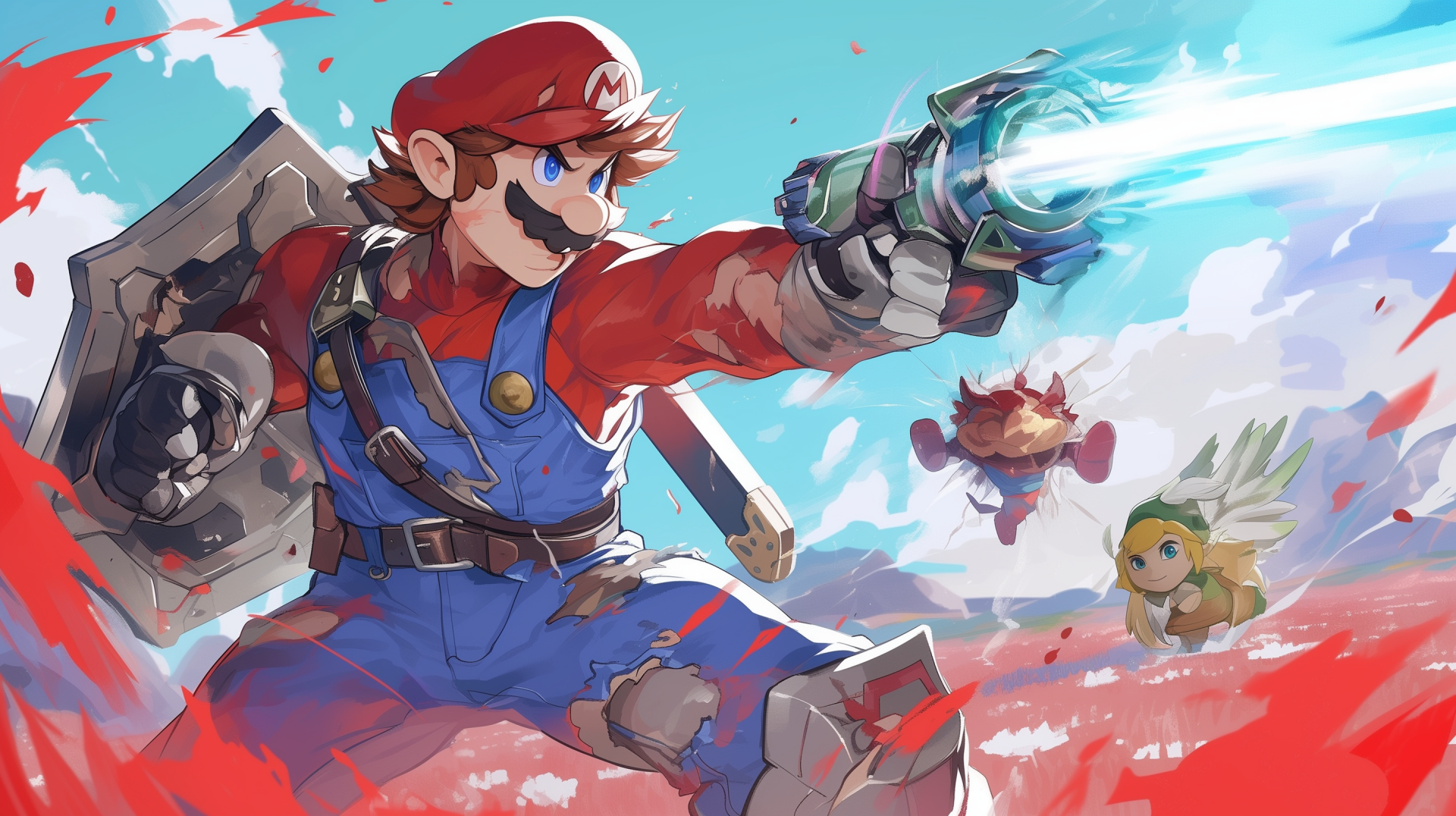 HD desktop wallpaper featuring Mario from Super Smash Bros. in dynamic battle stance with colorful background.